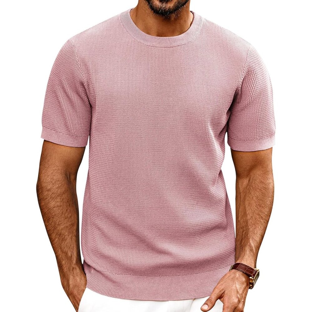 Men's Pink Knit Short Sleeve Crewneck Shirt Casual Textured T-shirts